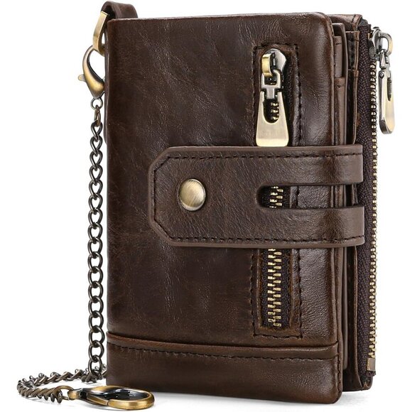 ✨Men Brown Chain Wallets Bifold Blocking with Chain Leather with Coin Pocket - Picture 1 of 7